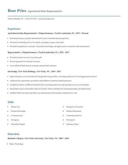 Agricultural Sales Representative Resume