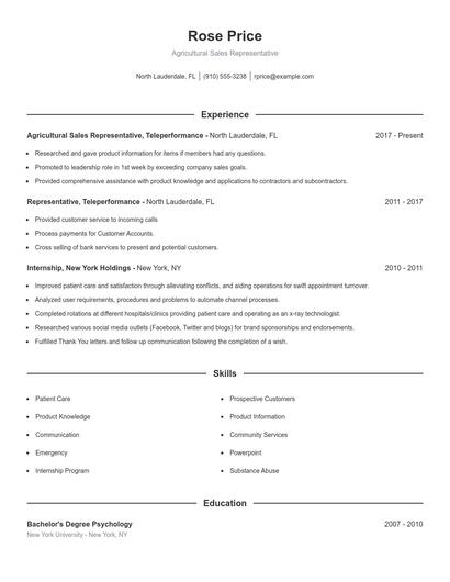 Agricultural Sales Representative Resume