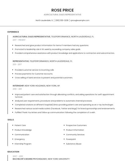 Agricultural Sales Representative Resume