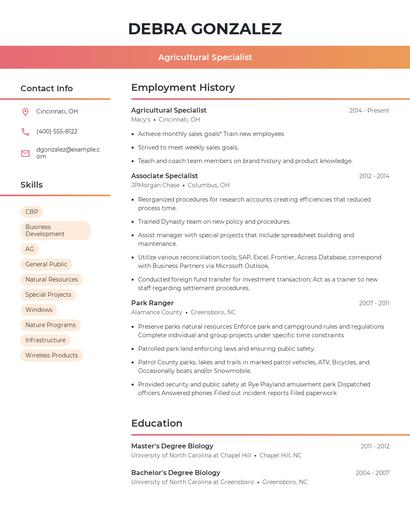 Agricultural Specialist Resume