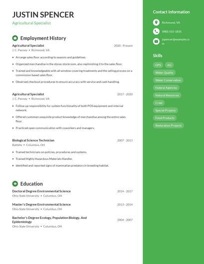 Agricultural Specialist Resume