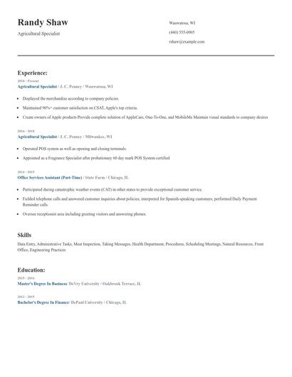 Agricultural Specialist Resume