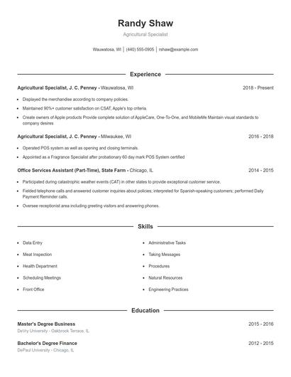 Agricultural Specialist Resume