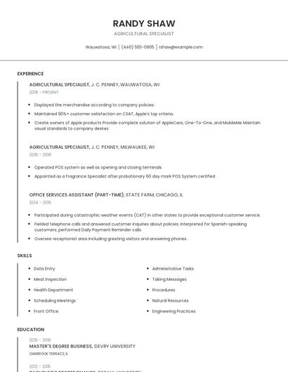 Agricultural Specialist Resume