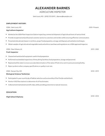 Agriculture Inspector Resume