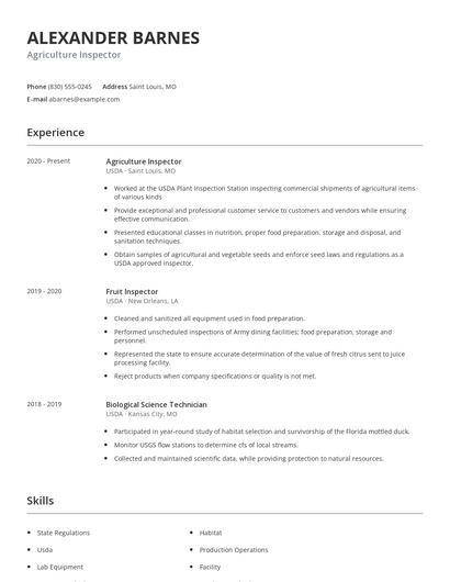 Agriculture Inspector Resume