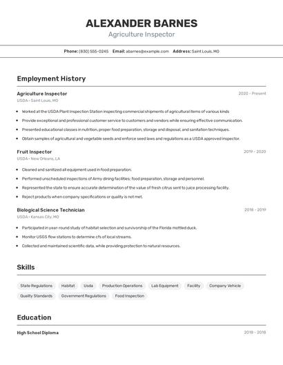 Agriculture Inspector Resume