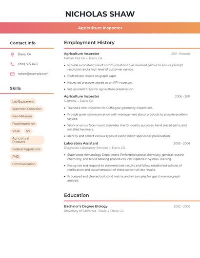 Agriculture Inspector Resume