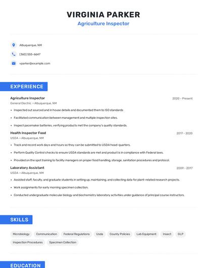 Agriculture Inspector Resume