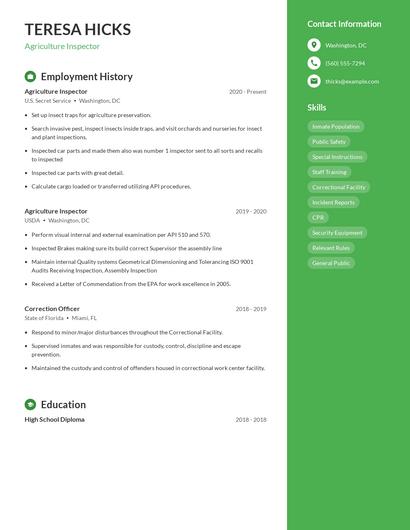 Agriculture Inspector Resume