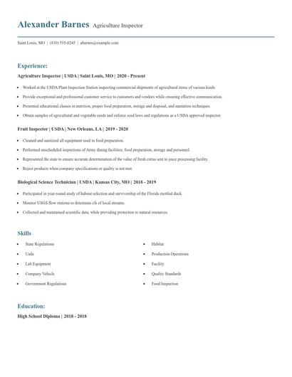 Agriculture Inspector Resume