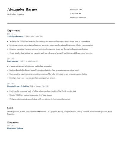 Agriculture Inspector Resume