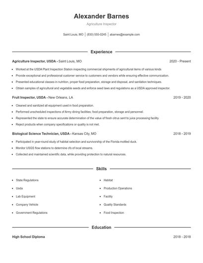 Agriculture Inspector Resume
