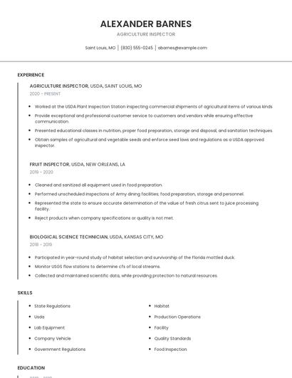 Agriculture Inspector Resume