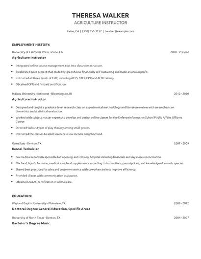 Agriculture Instructor Resume