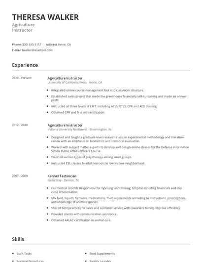 Agriculture Instructor Resume