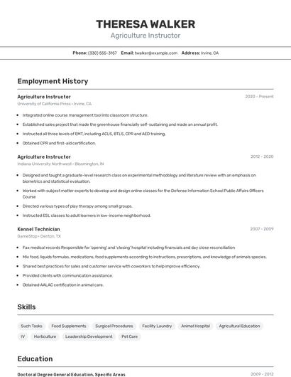Agriculture Instructor Resume
