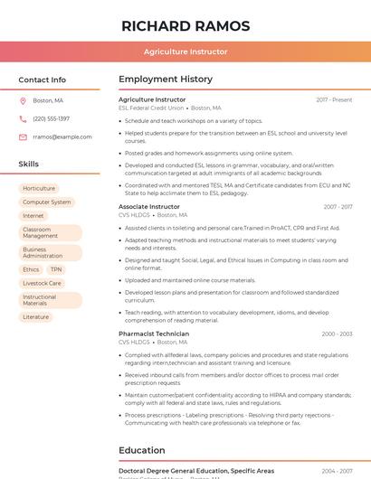 Agriculture Instructor Resume