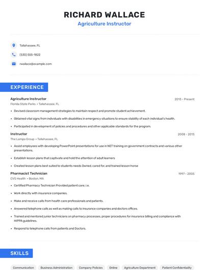Agriculture Instructor Resume