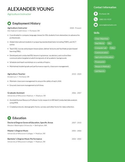 Agriculture Instructor Resume
