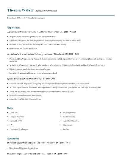 Agriculture Instructor Resume