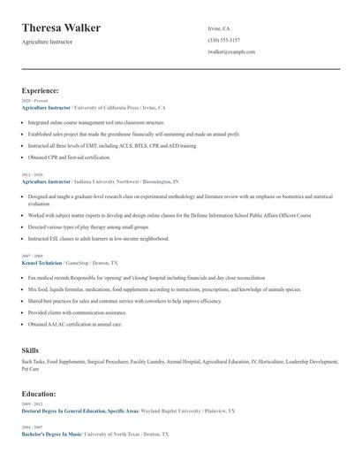 Agriculture Instructor Resume