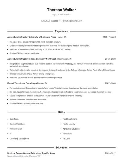 Agriculture Instructor Resume