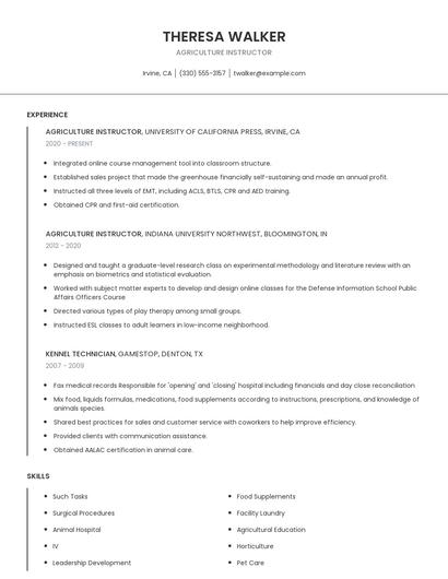 Agriculture Instructor Resume