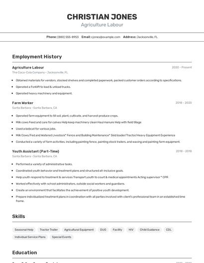 Agriculture Labour Resume
