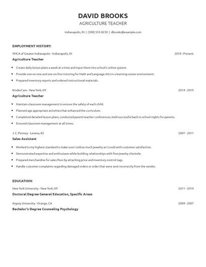 Agriculture Teacher Resume