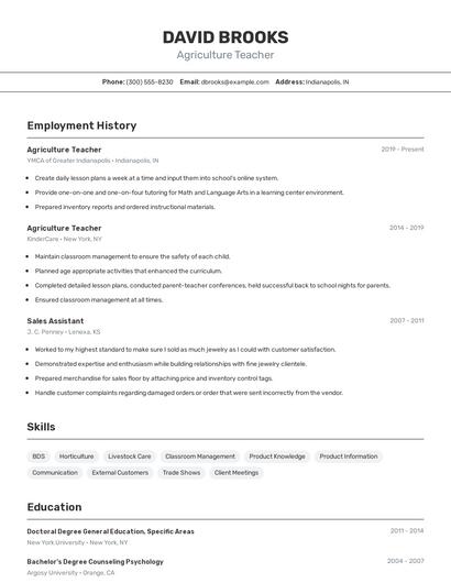 Agriculture Teacher Resume