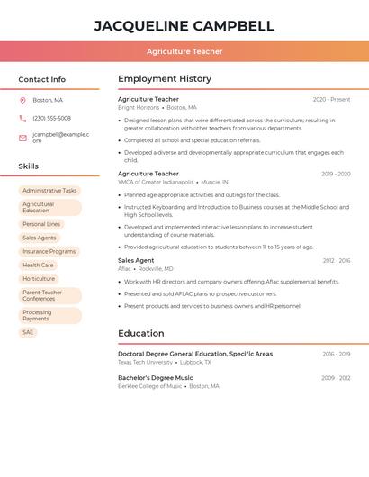 Agriculture Teacher Resume
