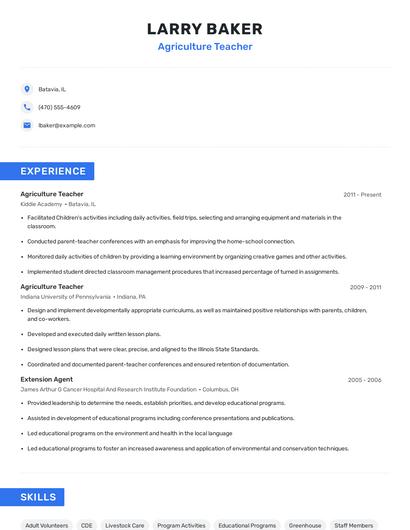 Agriculture Teacher Resume