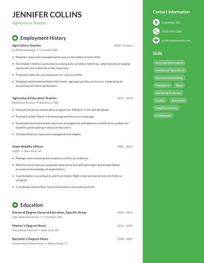 Agriculture Teacher Resume