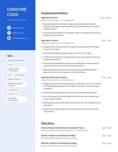 Agriculture Teacher Resume