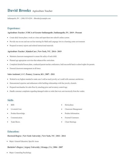 Agriculture Teacher Resume