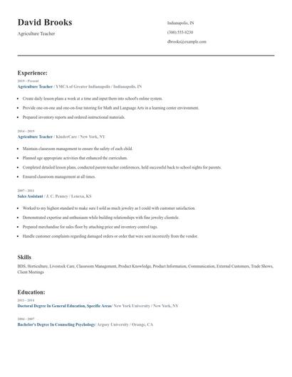 Agriculture Teacher Resume
