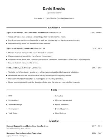 Agriculture Teacher Resume