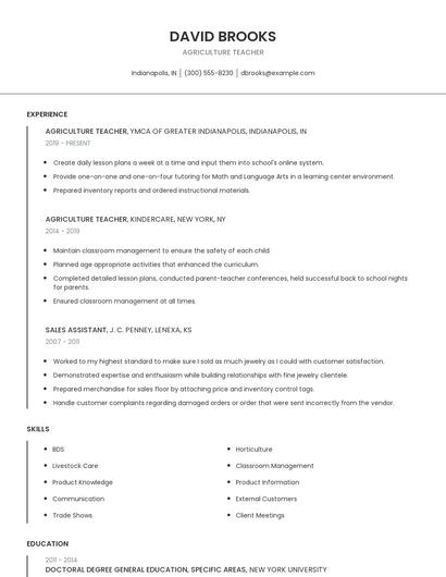 Agriculture Teacher Resume