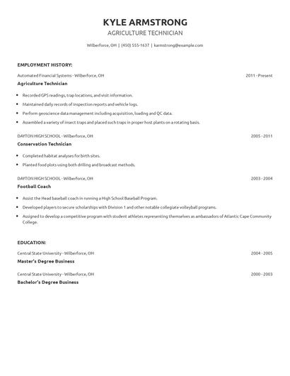 Agriculture Technician Resume