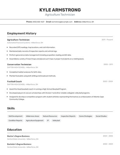 Agriculture Technician Resume