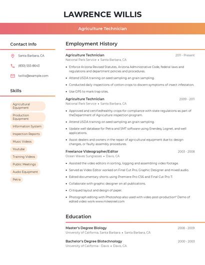 Agriculture Technician Resume