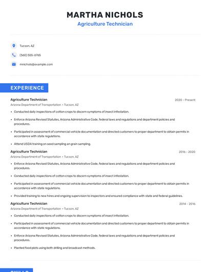 Agriculture Technician Resume
