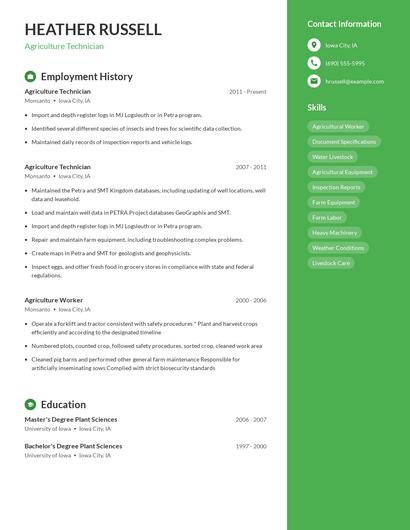 Agriculture Technician Resume