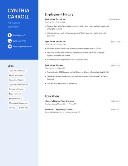 Agriculture Technician Resume