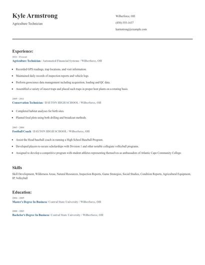 Agriculture Technician Resume