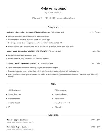 Agriculture Technician Resume
