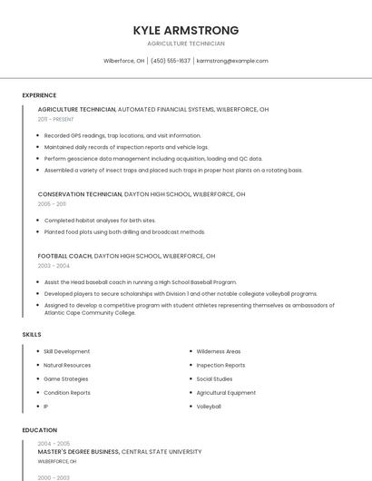 Agriculture Technician Resume