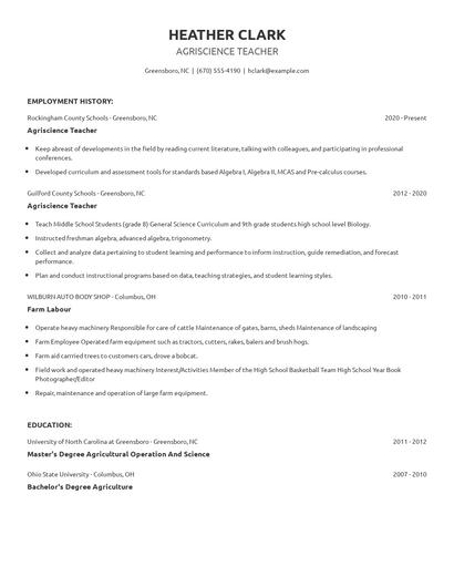 Agriscience Teacher Resume