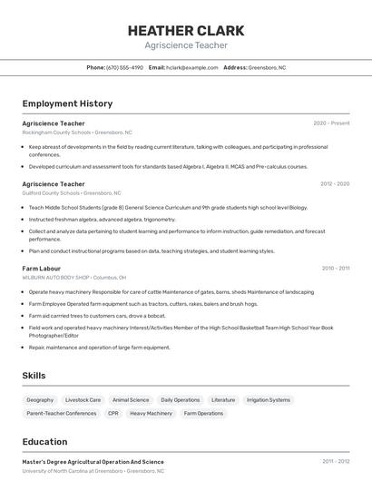 Agriscience Teacher Resume